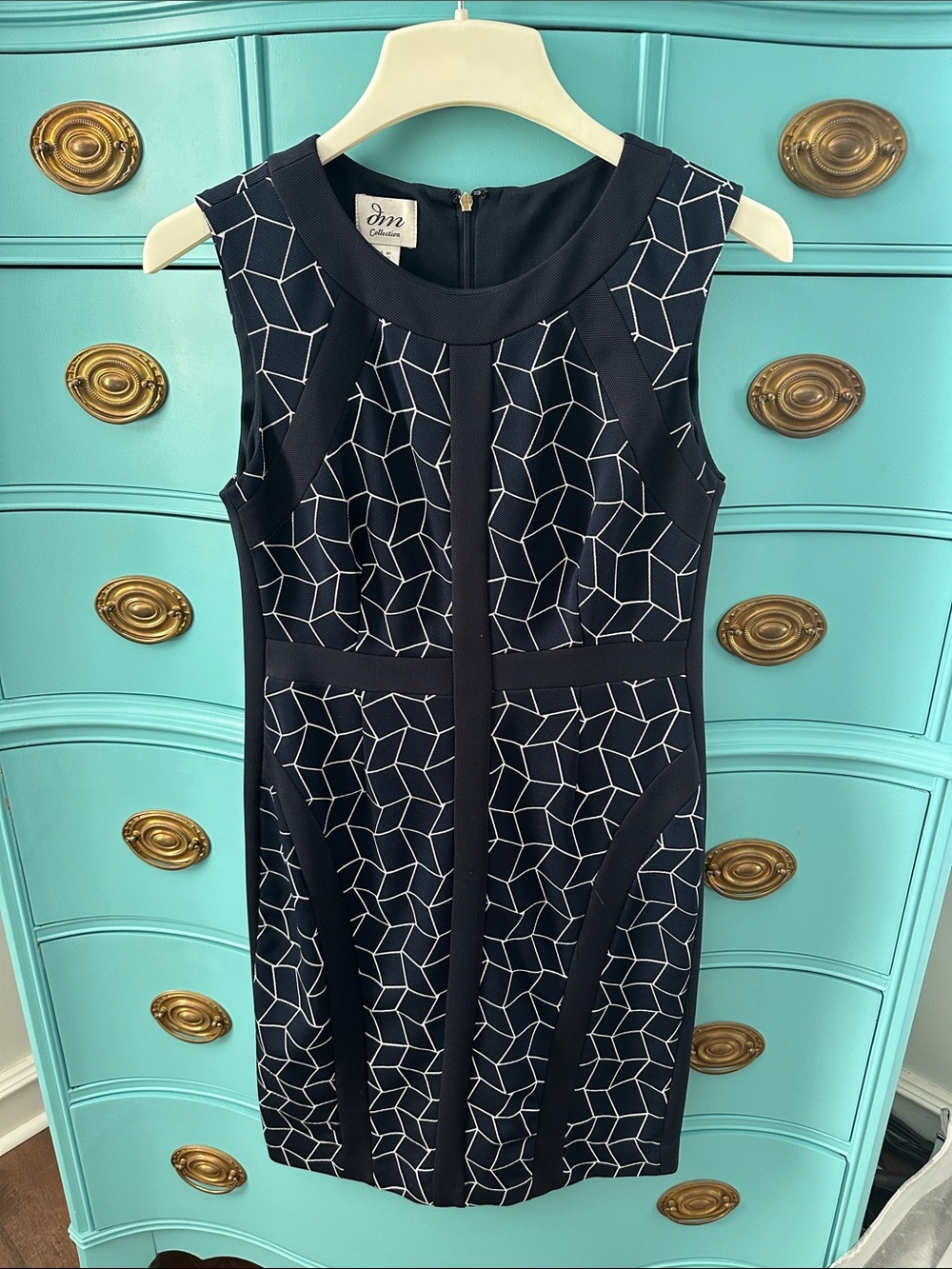 JM Collection Navy and White Geometric Sheath Dress